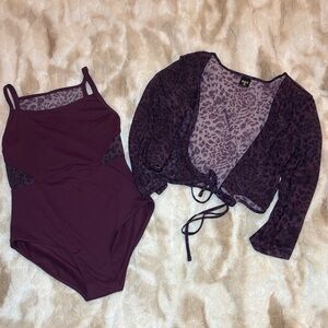 Bloch leotard and sheer wrap, plum, leopard print sheer accents, size 14 Girls